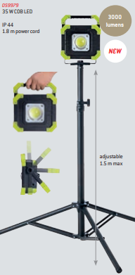 Luz LED preta e verde com tripé ajustável e texto técnico