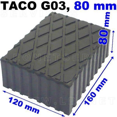 Taco preto com padrões em relevo e dimensões indicadas em azul e preto