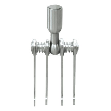 Dispositivo metálico prateado com haste e garras longas sobre fundo branco