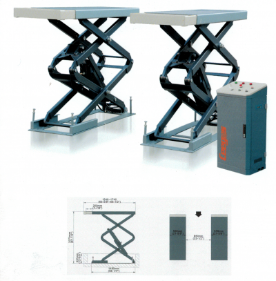 Plataformas elevatórias tipo tesoura e comando elétrico em fundo branco com desenhos técnicos.