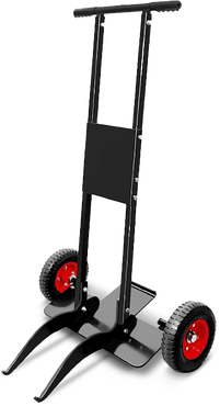 Carrinho de transporte em metal preto com rodas vermelhas.