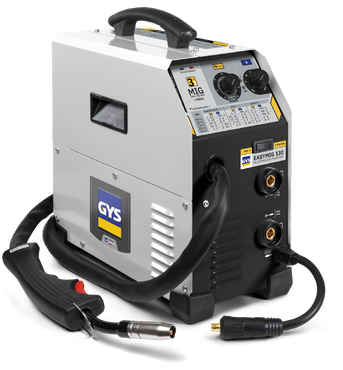 Máquina de soldar MIG cinzenta e preta com cabos e etiquetas visíveis