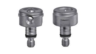 Peças metálicas cilíndricas prateadas com rosca e anel de borracha