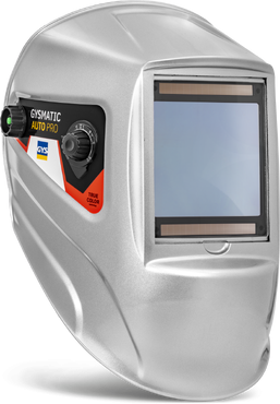 Capacete de soldadura prateado com visor escurecido e etiquetas laterais