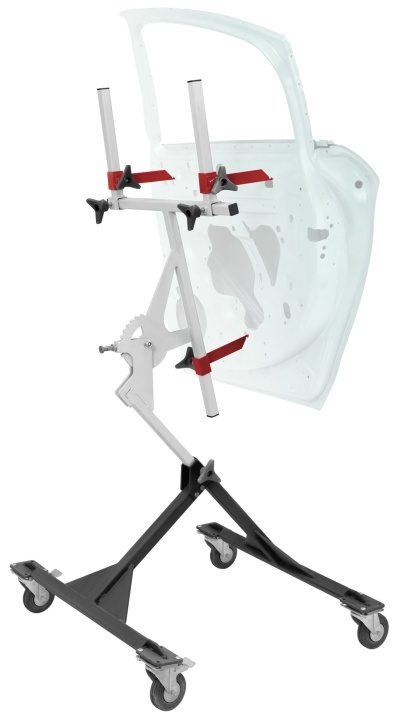 Suporte metálico móvel com rodas e porta branca translúcida de automóvel