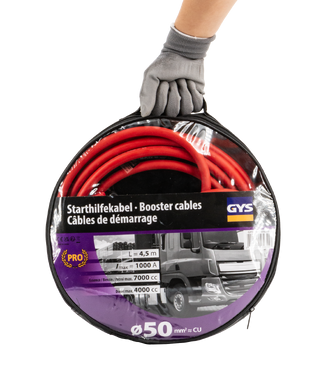 Cabo de arranque GYS Booster cables vermelho numa embalagem de plástico transparente com etiqueta preta e roxa