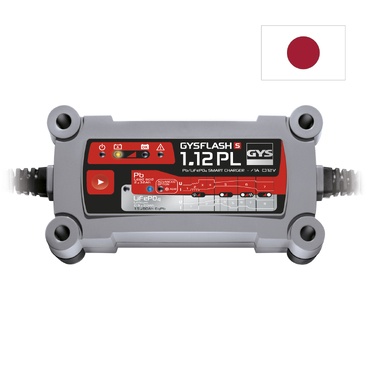 Carregador inteligente GYSFLASH 5 1.12 PL com corpo cinza e painel preto, vermelho e branco