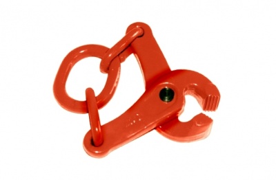 Gancho vermelho de metal com argolas em fundo branco