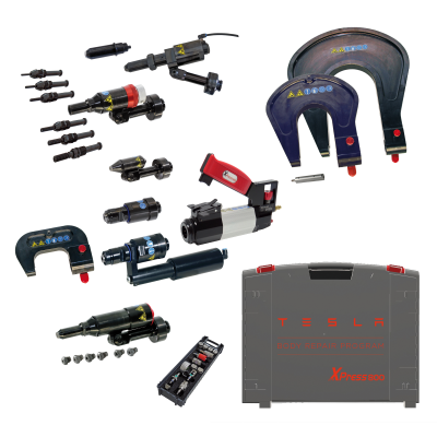 Ferramentas de reparação automóvel TESLA em metal e plástico preto com caixa cinzenta