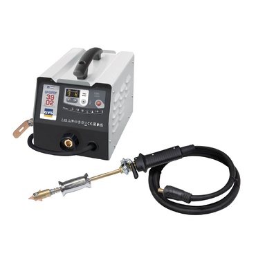 Máquina de soldar branca e preta com tocha de soldadura preta