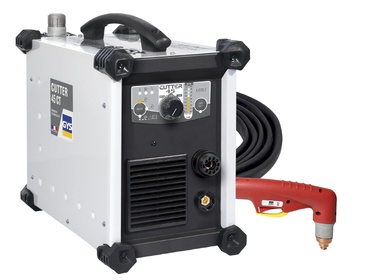 Máquina de soldar portátil com tocha vermelha e painel frontal com botões