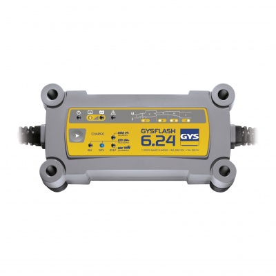 Carregador Gysflash 6.24 cinzento e amarelo com botão e texto