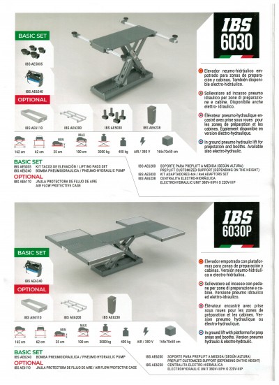 Plataformas elevatórias neumáticas e electro-hidráulicas IBS 6030 e IBS 6030P com acessórios e descrições em espanhol e inglês