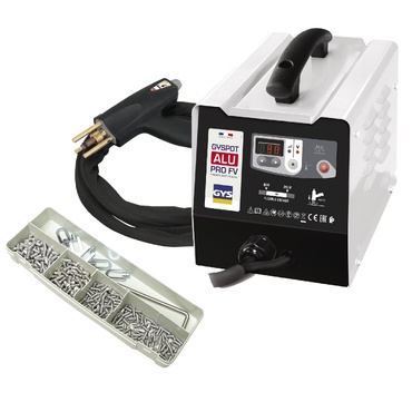 Máquina de soldar preta e branca com pistola e estojo de acessórios