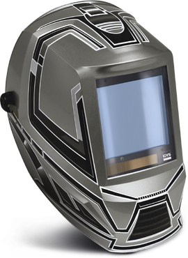 capacete de soldadura cinza metálico com detalhes em preto e branco e visor DVS