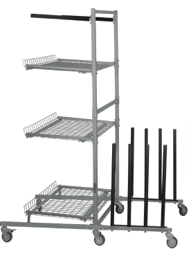 Carrinho metálico cinzento com três prateleiras e quatro rodas