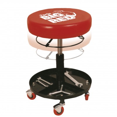 Banco móvel vermelho com base preta e rodas com ferramentas