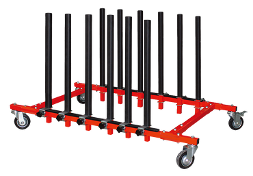 Carrinho metálico vermelho com barras verticais pretas e rodas sobre fundo branco