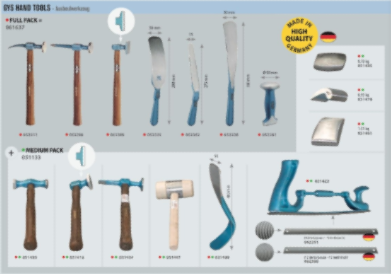 Conjunto de ferramentas manuais com cabo de madeira e metais prateados, texto em inglês e alemão