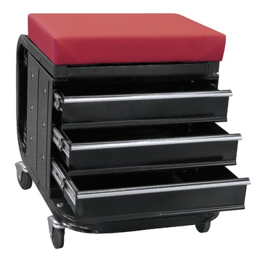 Carrinho de ferramentas preto com gavetas e almofada vermelha no topo