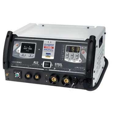 Aparelho de soldadura GYSPOT COMBI ARCPULL em alumínio e aço com ecrãs digitais e botões de controlo