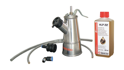 Conjunto de peças para manutenção hidráulica com recipiente metálico e frasco de óleo HLP 22