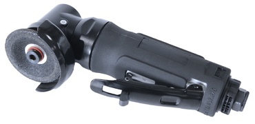 Ferramenta pneumática preta com disco abrasivo cinza sobre fundo branco