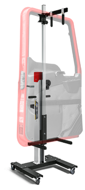 Painel lateral de porta de automóvel vermelho com vidro transparente num suporte.