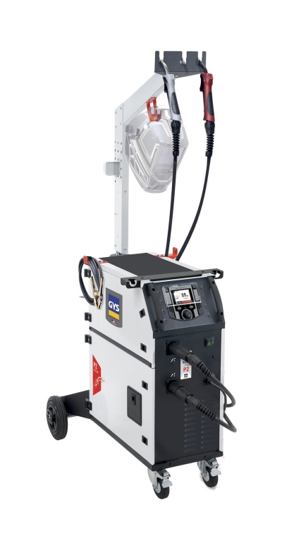 Máquina industrial de soldadura com display digital e cabos coloridos