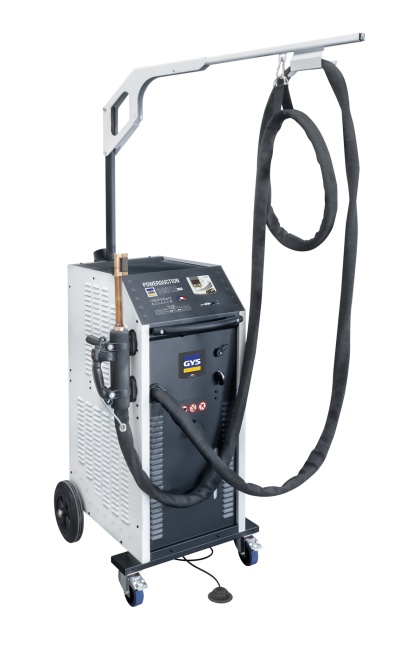 Máquina de soldadura industrial em carrinho com rodas e cabo preto