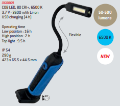 Lanterna LED azul e preta com braço flexível e especificações técnicas visíveis.