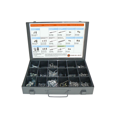 Estojo de ferragens com parafusos e porcas e guia de identificação na tampa