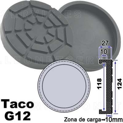 Par de tacos de borracha preta com textura antiderrapante e esquema com medidas