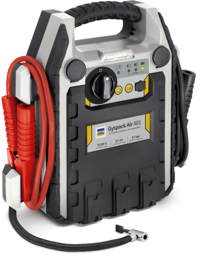 Carregador portátil e compressor de ar GYSPACK Air 401 preto e cinza com cabos