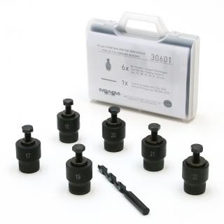 Conjunto de ferramentas para furação em aço preto com estojo cinza.