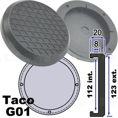 Tampão circular cinzento em plástico com padrão geométrico e dimensões indicadas Taco G01