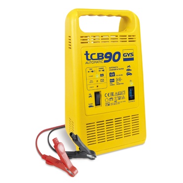 Carregador de bateria amarelo TCB 90 da marca GYS com cabos e garras