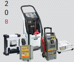 Carregadores de bateria para automóveis em várias cores com ecrãs digitais e botões, em fundo cinza hexagonal