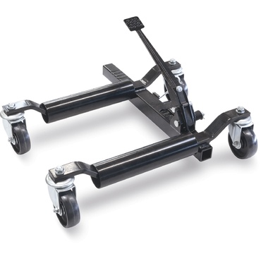 Suporte móvel de metal preto com rodas giratórias e pedal de bloqueio