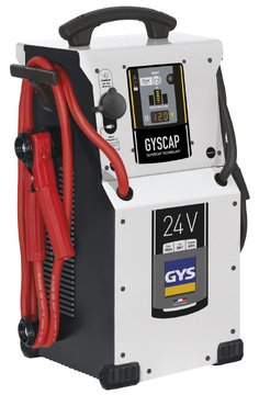 Carregador de bateria automóvel GYSCAP 24V branco e preto com cabos vermelhos