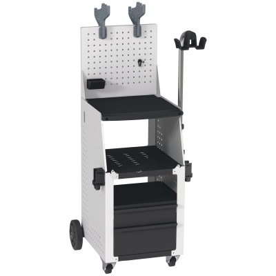 Carrinho organizador de ferramentas em metal branco com rodas e gavetas pretas
