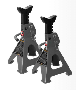 Conjunto de dois suportes para veículos metálicos cinza com detalhes pretos e rótulos