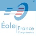 Logótipo 'Éole France COMPRESSORS' com elementos gráficos azuis e vermelhos