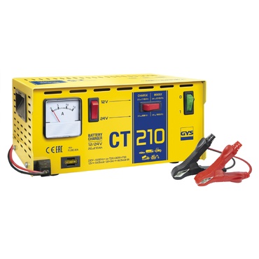Carregador de bateria CT 210 amarelo com mostrador e cabos