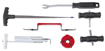 Conjunto de ferramentas metálicas com pegadores em preto e vermelho num fundo branco