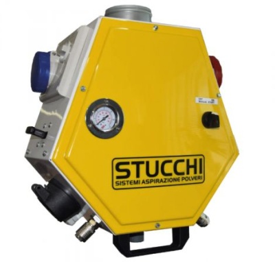 Dispositivo industrial amarelo com manómetro e texto STUCCHI