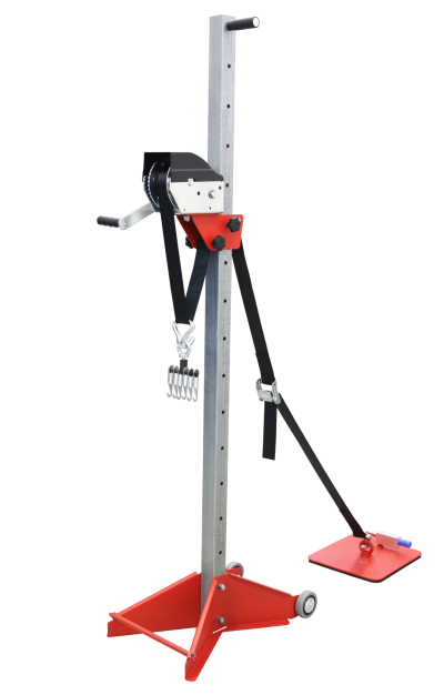 Dispositivo de levantamento manual em metal com base vermelha e correia preta