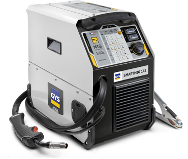 Máquina de soldar MIG cinza e preta com detalhes amarelos, texto SMARTMIG 142 e marca GYS