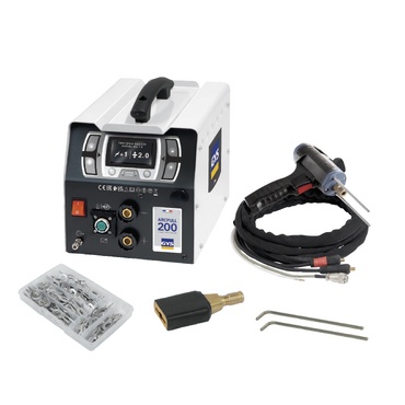 Máquina de soldar compacta com pistola, adaptador e acessórios