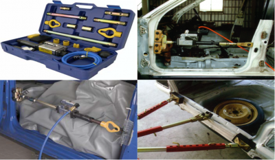 Ferramentas automotivas em caixa azul para reparação de carro em oficina